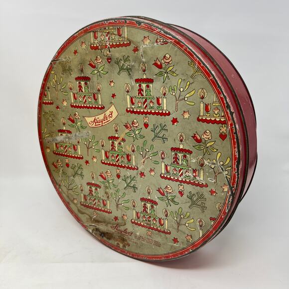 Vintage 30s Huylers Christmas Candy Tin Round Metal Primitive Cottage Farmhouse - Picture 4 of 15
